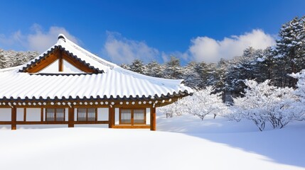 Fototapeta premium A serene winter scene featuring a traditional building blanketed in snow, surrounded by snowy trees and a bright blue sky, This image can be used for winter tourism, architecture, and nature themes,