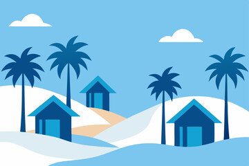 Obraz premium Serene Winter Oasis Blue Houses Amongst Palm Trees and Snowy Hills