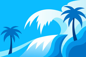 Fototapeta na wymiar Majestic Ocean Waves Crashing Near Palm Trees A Vibrant Blue Coastal Scene