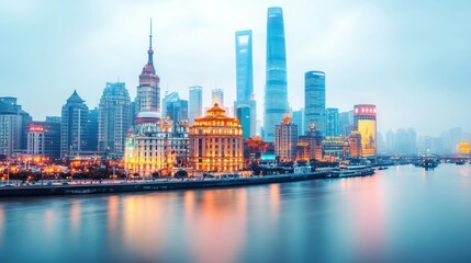 Obraz premium A stunning panoramic view of Shanghai's skyline at dusk, showcasing a blend of historic and modern architecture reflected in the river, Ideal for travel articles, city guides