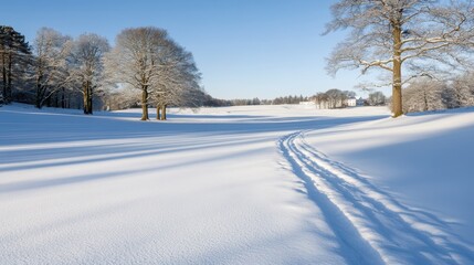 Obraz premium A serene winter landscape showcases a blanket of fresh snow, tracks leading through a tranquil forest with trees adorned in frost, perfect for seasonal promotions, nature themes, or winter sports,