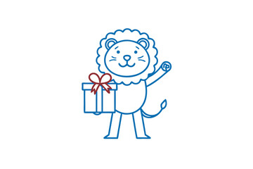 Joyful line art lion raises its paw and carries a present with a bow