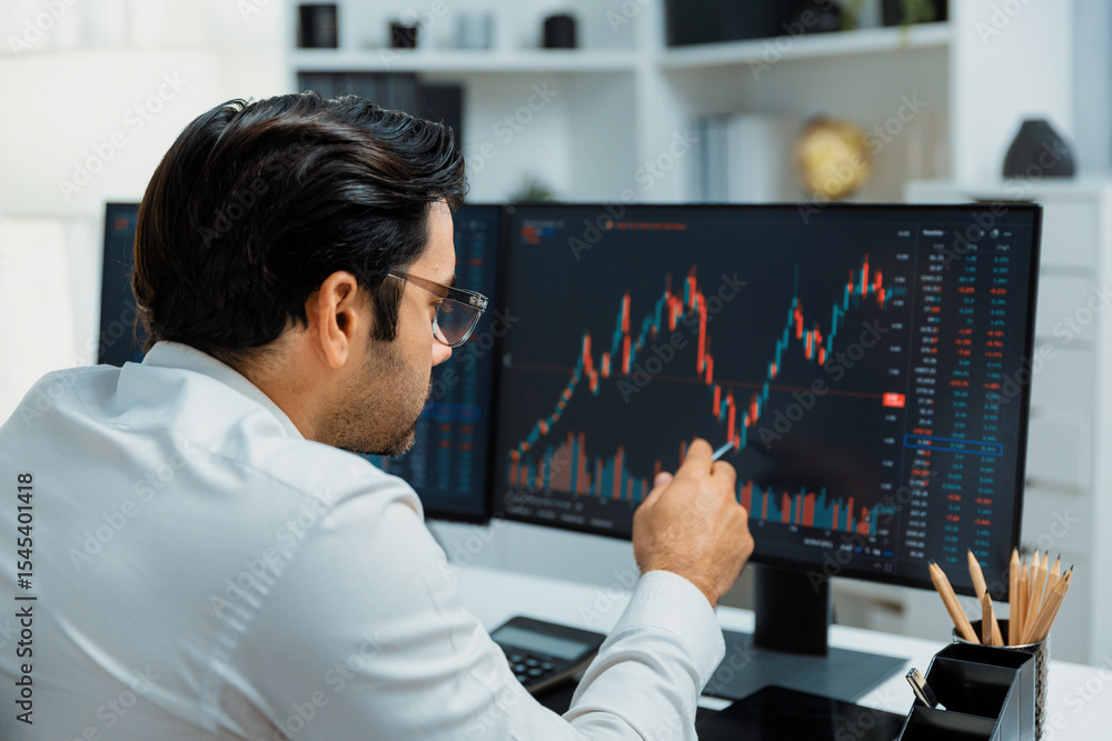 Poster smart trader businessman analyzing in two dynamic stock exchange investment screen on pc with invest