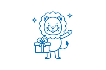 Cheerful lion outline carries a present and waves hello among shining stars in blue