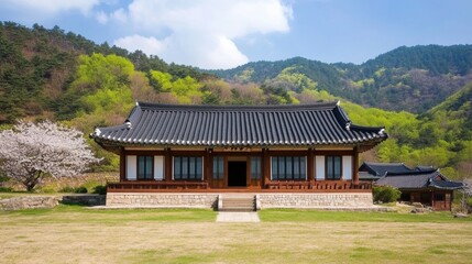 A traditional building set against a lush mountainous backdrop, featuring intricate architecture and blooming cherry trees, perfect for use in travel brochures, cultural articles