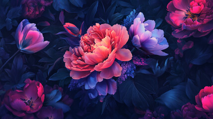 Obraz premium Artistic illustration of an intricate floral pattern with vibrant peonies and tulips surrounded by rich foliage on a dark textured background