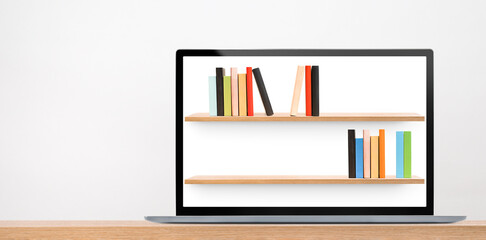 books on shelves inside laptop, e-learning concept