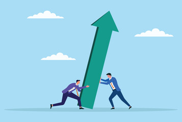 Vector illustration of two businessmen collaborating to support and lift a giant upward arrow, symbolizing teamwork, rising success, collective growth, and business progress
