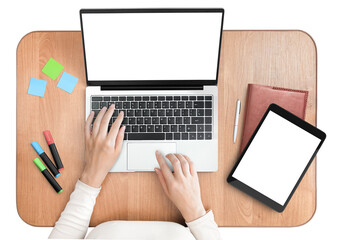 woman sitting at desk and typing on laptop on isolated white background