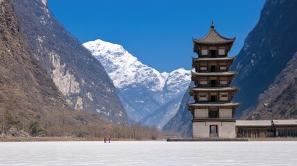 A scenic view of a traditional pagoda surrounded by snow-capped mountains and a frozen lake, with two figures walking nearby, Ideal for travel, nature, and architecture themes,