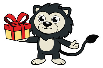 Cartoonish dark grey lion stands offering a wrapped gift box with a red ribbon