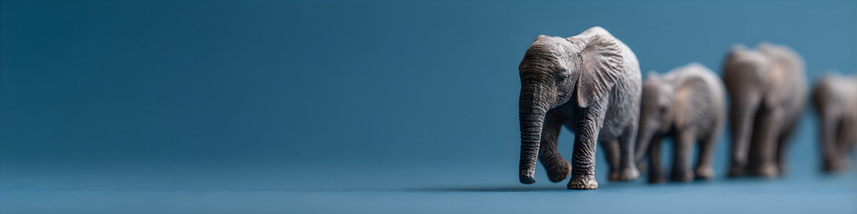 Fototapeta premium Miniature figurines of gray elephants walking in a line on a blue surface. Leading the way and following concept. World Elephant Day blue banner with copy space.