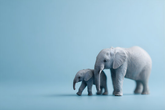 Gray adult elephant and baby elephant walking together on a light blue background. Family bond. Wildlife conservation concept. 
World Elephant Day background with copy space. 