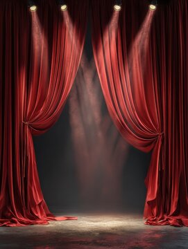 Red stage curtains opening on an empty stage with spotlights