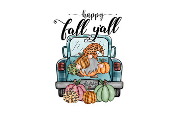 Happy fall yall truck with pumpkins isolated on transparent background