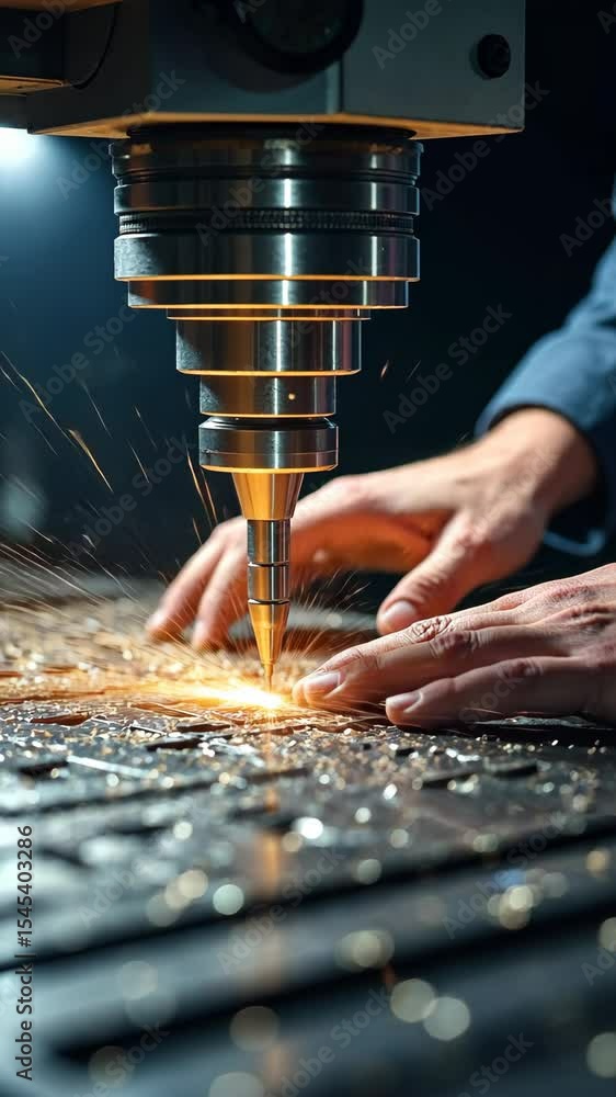Poster a close-up of a worker's hands operating a cnc machine, metal shavings scattering as the machine car