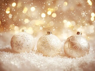 Photo of soft golden glow and white Christmas baubles, sparkling snowflakes creating a festive atmosphere