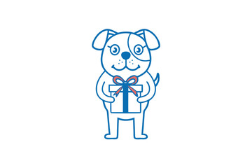 Cheerful line art puppy dog presents a gift tied with a ribbon