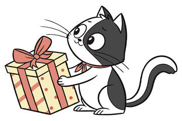 Happy cartoon cat presents a gift box tied with a ribbon bow