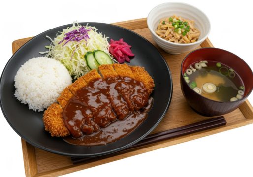 A japanese meal set featuring tonkatsu with rice and miso soup on a wooden tray surface view on transparent background