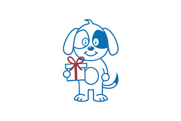 Cheerful cartoon dog holding a gift box with a red ribbon in its paw