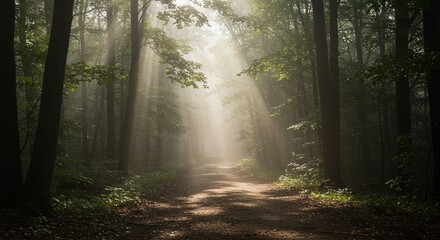 Obraz premium Enchanting Sunbeams Illuminate a Misty Forest Path: A Serene Nature Escape. High quality professional stock photo suitable for commercial use.