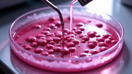 E. coli colonies on MacConkey agar, metallic pink bacterial growth, glossy agar surface, lab equipment reflections, perfect for microbiology and laboratory science visuals.