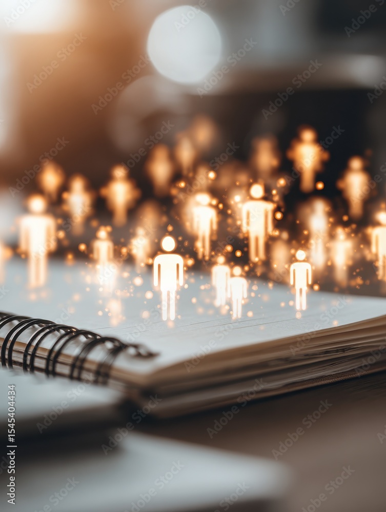 Aufkleber close up of notebook on desktop with creative glowing connected people icons on blurry background. p