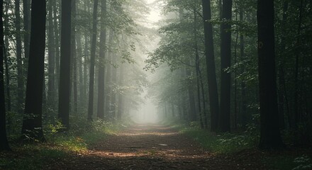 Fototapeta premium Enchanting Misty Forest Path: A Serene Journey Through Nature's Embrace. High quality professional stock photo suitable for commercial use.