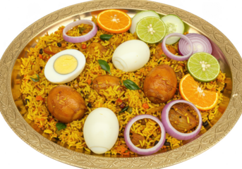 Close up of a biryani dish with eggs onions and citrus fruits on a decorative golden plate on transparent background