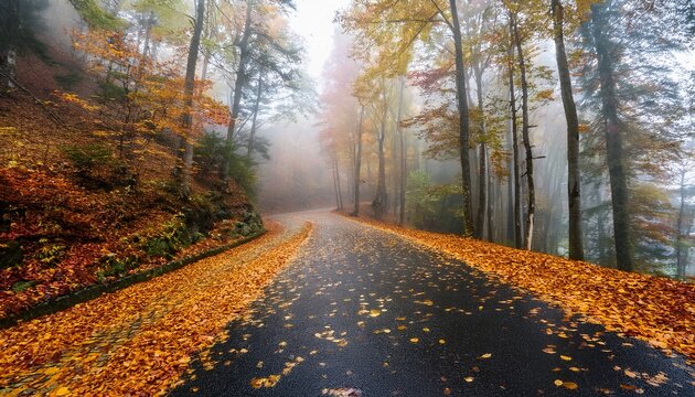 wet asphalt road covered in fallen leaves winding through a vibrant misty autumn forest creating a serene and picturesque scene