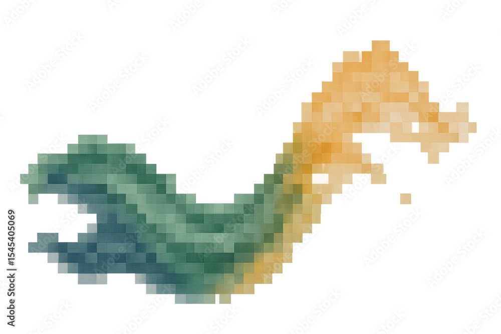 Poster vibrant pixelated green-yellow wave forming dynamic abstract pattern against transparent backdrop