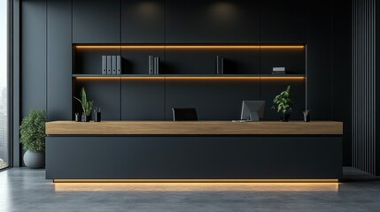 Modern dark office reception desk with wooden top
