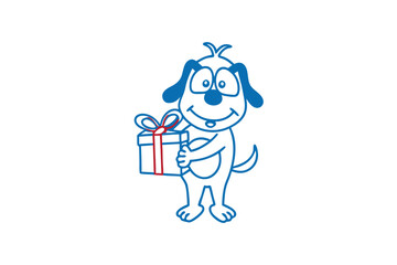 Cheerful blue outline cartoon puppy joyfully holds a wrapped gift on a white backdrop