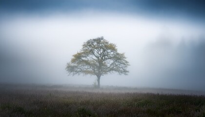 solitary tree emerges from dense fog