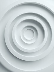 Fototapeta premium Concentric randomly offset white rings or circles steps fading out background wallpaper banner, close up flat lay top view from above. abstract modern minimal white background
