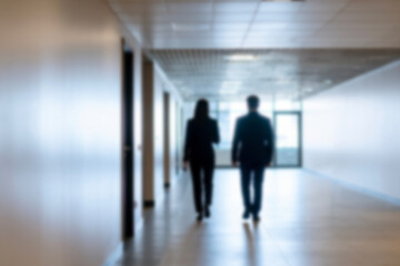 business people walking in the corridor of an business center, pronounced motion blur, crowded bright modern light office movement defocused. office background busy. talking and rushing in the lobby.