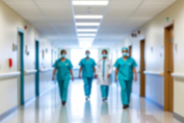 blurred for background. blurred figures of doctors and nurses in a hospital corridor. Doctors and nurses walking in hospital hallway. blurred motion. Moving human figure in the clinic corridor