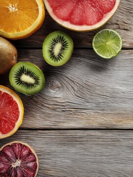 Top view of a fruits on a wooden table. Healthy lifestyle.
