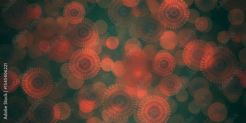 Poster abstract background featuring blurred red circular shapes and flower like structures scattered aroun