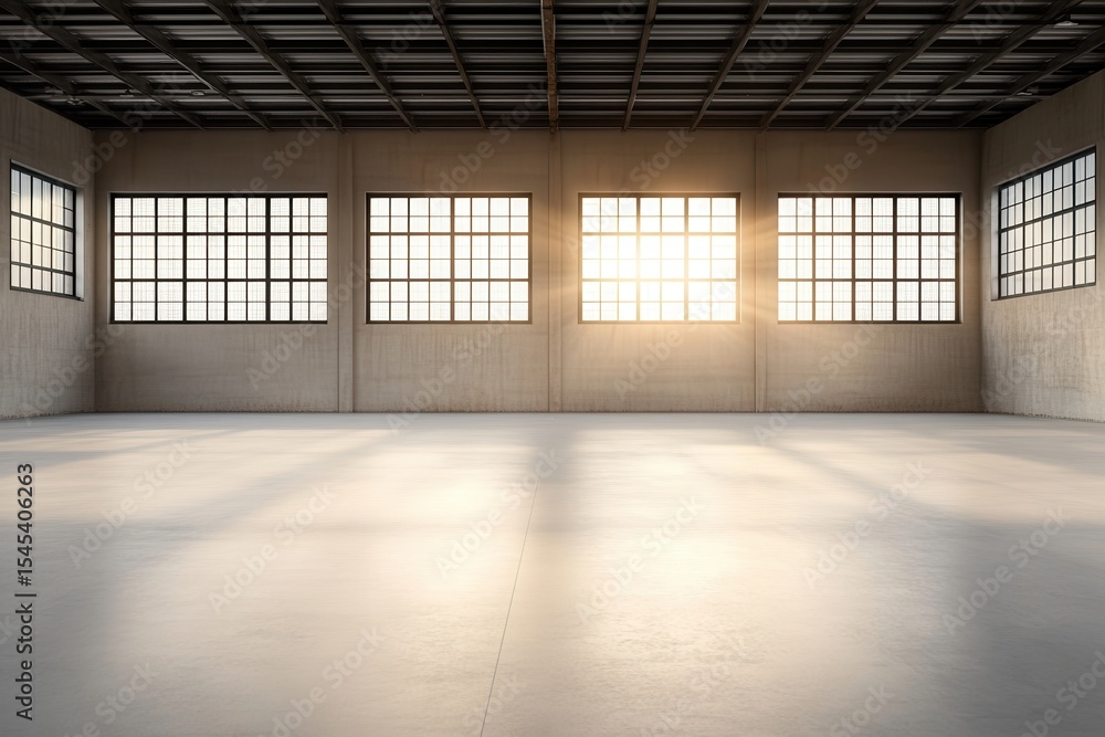 Poster bright sunlight streams through large windows of an empty factory, illuminating the open space with 