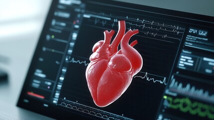 Software interface displays a detailed 3D model of a heart, enabling patient monitoring and analysis for medical professionals in clinical environments