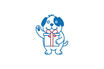 Outlined puppy with blue spots presents a wrapped gift with a red bow