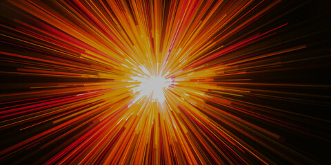 Radiating orange and red light streaks emerging from a central bright point on dark background
