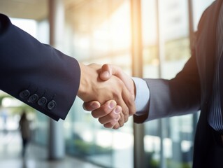 "Two professionals shaking hands in a modern office environment"
