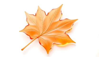 3d glass maple leaf on a white background, minimalistic concept, close-up view, the leaf itself consists of slightly orange-colored glass