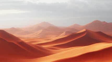A sweeping landscape of rolling sand dunes under a cloudy sky