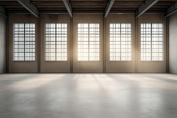 A spacious, empty factory interior features large, grid-patterned windows allowing natural light to illuminate the minimalist space