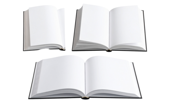 Three Open Hardcover Book with Curved Pages, isolated on a transparent background