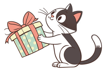 Happy monochrome cat holds polka dot gift box with a pink ribbon bow